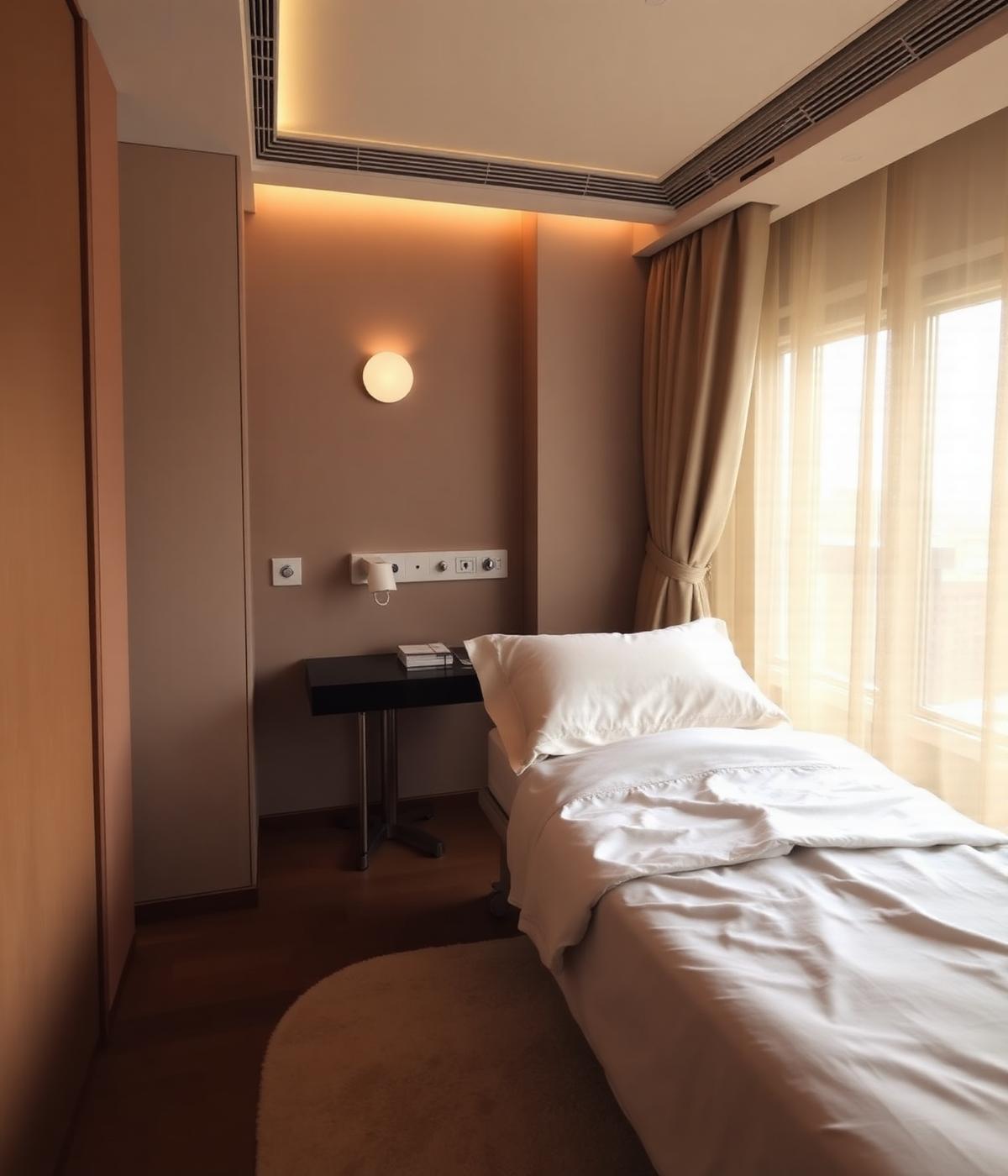 Private recovery suite with soft linens and warm morning light