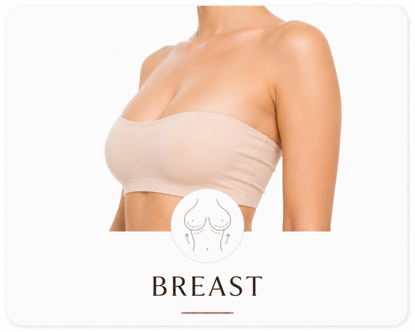A woman's torso in a beige bandeau illustrating breast procedures